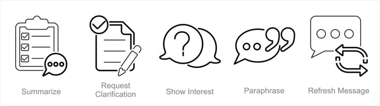 A set of 5 Active Listening icons as summarize, request clarification, show interest