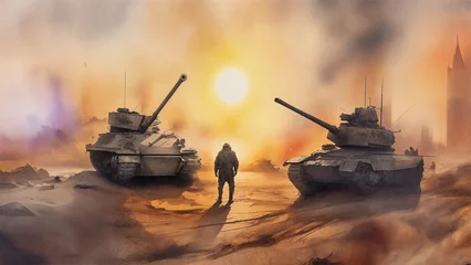 Foto op Plexiglas tanks and soldiers, painting on the theme of world conflicts and wars made in watercolor © toxicoz