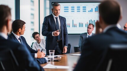 Professional business presentation in a modern conference room with a diverse group of executives