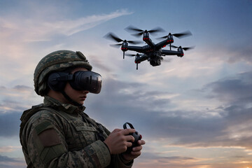 Military Operator Launching Combat Drone in Virtual Reality