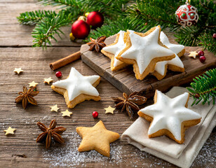 Christmas background with shortcrust star shaped cookies with white icing, star anise and glass ornaments on wooden table. Generate Ai