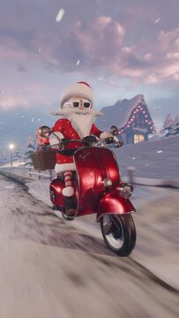 Cheerful Santa Claus on a vintage scooter carries gifts along a winter snowy rural road. Animated Christmas card.
