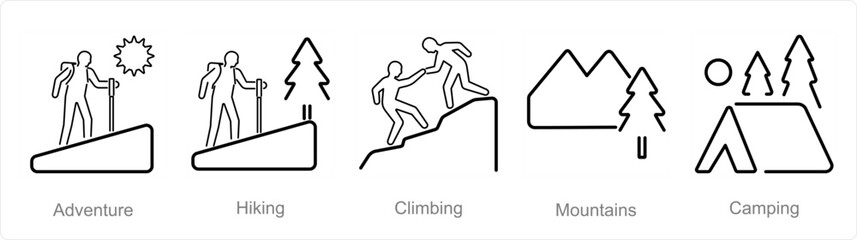 Fototapeta na wymiar A set of 5 Adventure icons as adventure, hiking, climbing