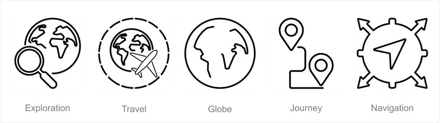 A set of 5 Adventure icons as exploration, travel, globe