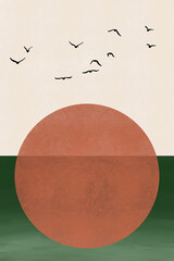 poster orange circle sun on a green background and birds