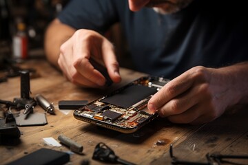 skillful hands of a man repairing a mobile phone