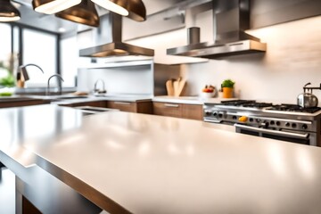 Table top with blurred kitchen equipment interior background