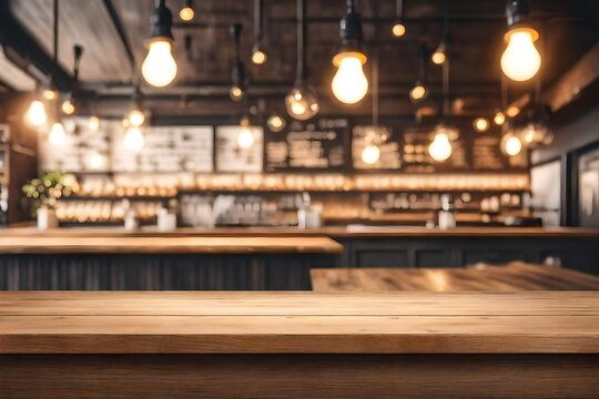 Wood Table Top On Blurred Of Counter Cafe Shop With Light Bulb Background.For Montage Product Display Or Design Key Visual Layout.