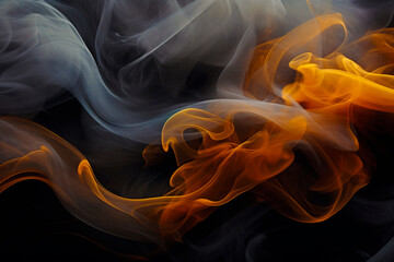 Abstract smoke pattern.  Swirling orange and white smoke on the dark background 