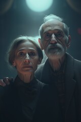 very serious elderly couple posing in front of the camera