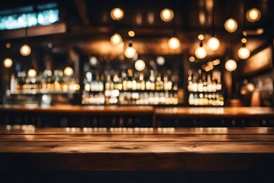 Wood Table Top On Blurred Of Counter Cafe Shop With Light Bulb Background.For Montage Product Display Or Design Key Visual Layout.