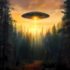 Alien spaceship flying over the forest