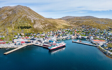 Aerial view of norwegian town Honningsvåg in polar region Finnmark as last town before the...