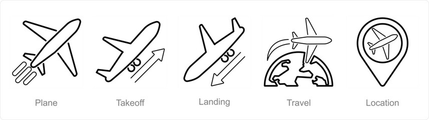 A set of 5 Airport icons as plane, take off, landing