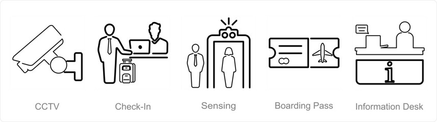 A set of 5 Airport icons as cctv, check in, sensing
