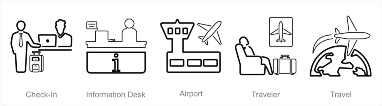 A set of 5 Airport icons as check in, information desk, airport