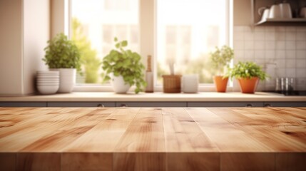 Fototapeta premium Warm Kitchen Interior and Wooden Countertop