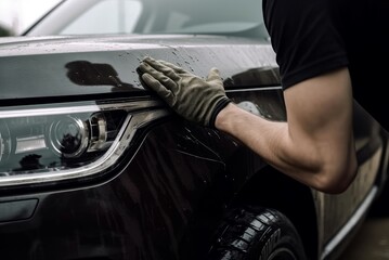 Male hand touching wet dirty car. Cleansing auto maintenance service garage. Generate ai - obrazy, fototapety, plakaty