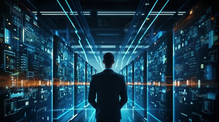 Secure data management: administrator ensuring cyber security in data center, server farm cloud computing facility with system - network protection engineering - obrazy, fototapety, plakaty