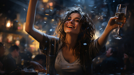 A girl immersed in the nightlife and festive atmosphere. Generative AI