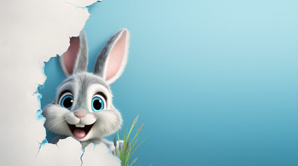 Easter bunny poster peeking out of a hole in the wall with copy space, rabbit jumps out of a torn hole  - obrazy, fototapety, plakaty