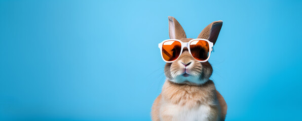 A cool easter bunny banner on a blue background with copy space - obrazy, fototapety, plakaty