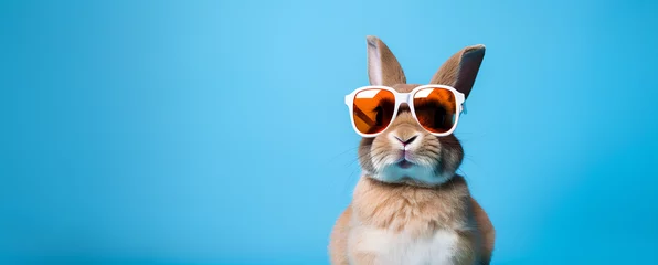 Fotobehang A cool easter bunny banner on a blue background with copy space © Shafay