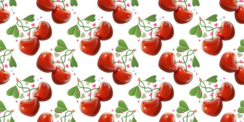 3d romantic seamless pattern of red cherry with heart and leaf on white color background. 3d design of love cherry illustration
