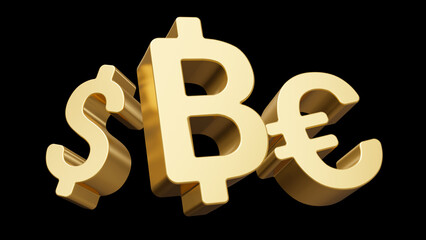 3d finance illustration of set of golden shine sign of dollar, euro and bitcoin on black color background. 3d design of business illustration