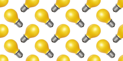 3d seamless pattern of shine yellow light bulb on white color background. 3d render design of light bulb for save energy banner, creative idea