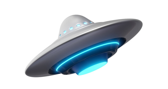 3d illustration of silver shine space flying saucer on white color background. 3d render design of ufo with blue light