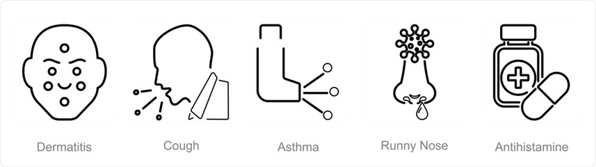 A set of 5 Allergy icons as dermatitis, cough, asthma