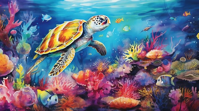 watercolor painting of sea turtle in underwater scene filled with whimsical marine life
