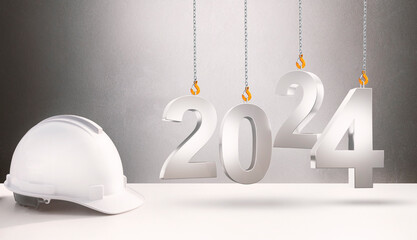 Happy New Year 2024 Construction and Industry. metal number hanging from crane on the desk of an...