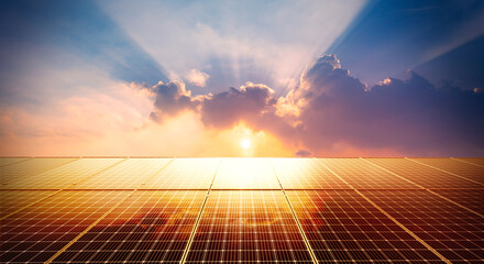 Solar panels reflect sparkling light From the sunrise ,photovoltaic Clean energy and environment....