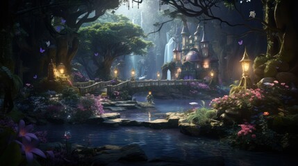 Enchanted Forest Landscape with Mystical Architecture