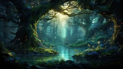 Magical Forest with Ethereal Light and Lanterns