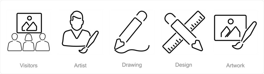 A set of 5 Art icons as visitors, artist, drawing