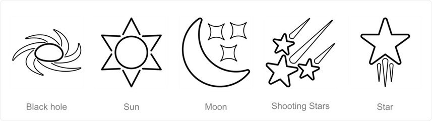 A set of 5 Astronomy icons as black hole, sun, moon - obrazy, fototapety, plakaty
