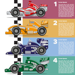 Racing cars at the finish line. Side view. The template for the presentation. Vector illustration. 