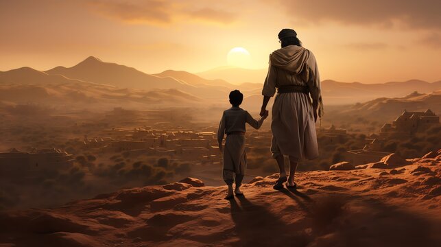 a man and child walking on a mountain