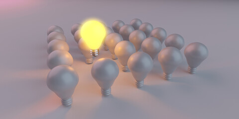 Illuminated light bulb standing Out in Crowd. Creative idea and inspire innovation