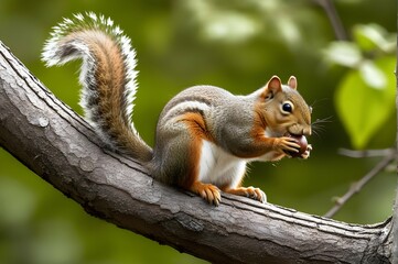 Naklejka na ściany i meble A mischievous squirrel perched on a tree branch, clutching an acorn with a sly grin. 