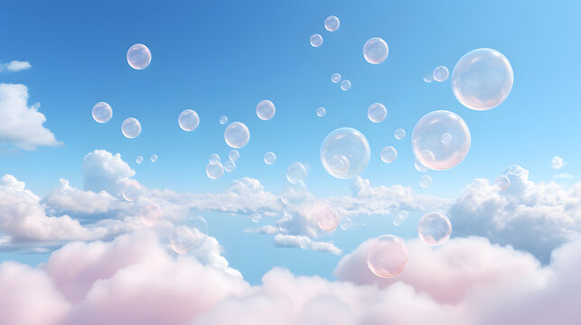 Illustration of blue sky with bubbles and clouds.