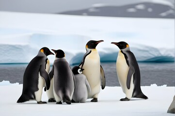 A family of penguins huddled together, braving the icy Antarctic winds with unwavering unity.
