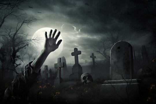 Living dead cemetery. Scary and mystery zombie hand rising black ground. Generate AI