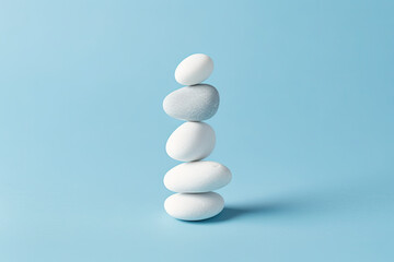  White sea pebble stone stack on light blue background. stack of zen stones on blue . copy space for text