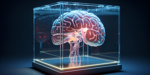 A scientific laboratory of a human brain placed in a Transparent Glass Box A Transparent Glass Box and the Fascinating Realms of the Human Brain AI Generative   
