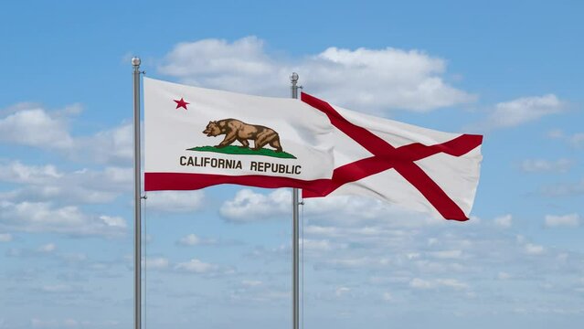 Alabama and California US state flags waving together on cloudy sky, endless seamless loop