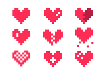 Pixel heart red set 8 bit for poster pattern, print, design, elements